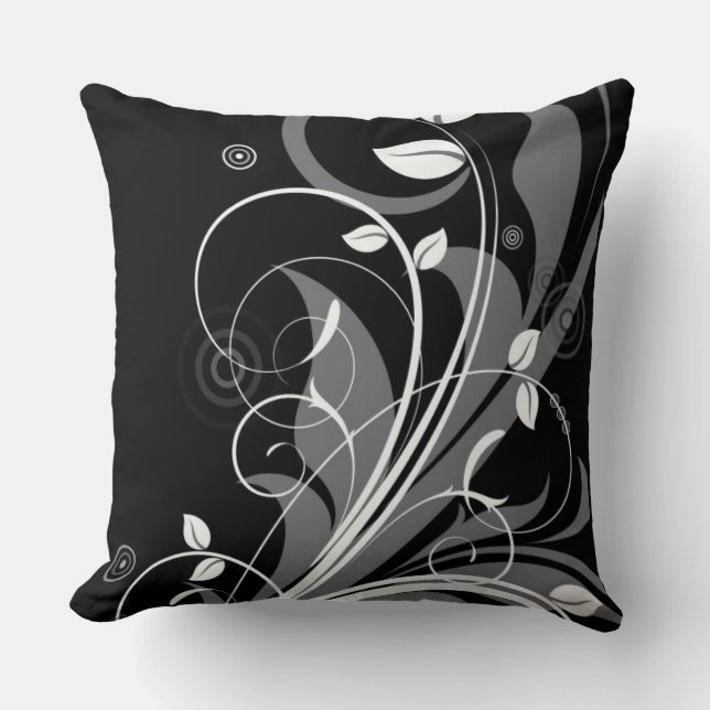 Gray Floral Pattern on Black Throw Pillow (Front)