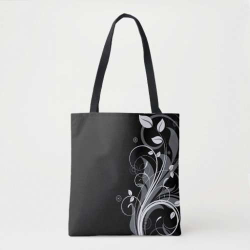 Gray Floral Pattern on Black Tote Bag