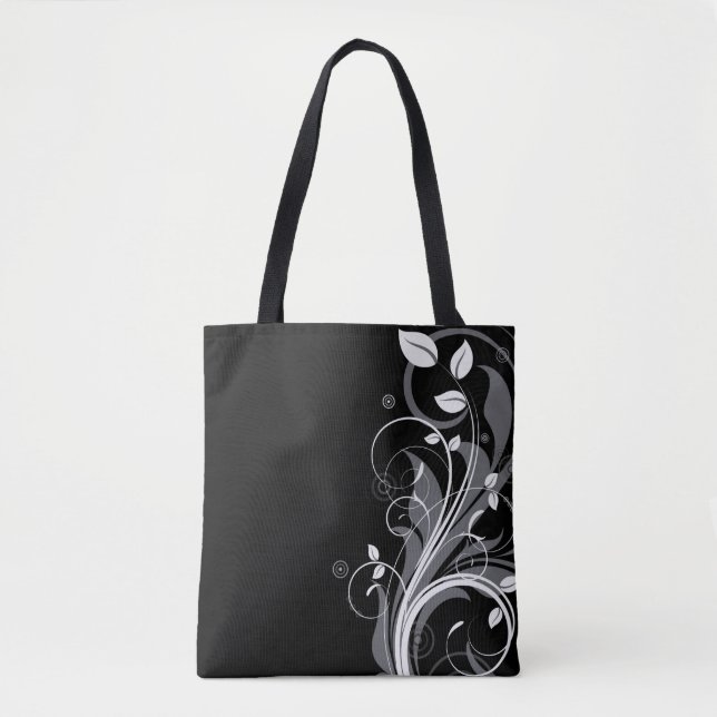 Gray Floral Pattern on Black Tote Bag (Front)