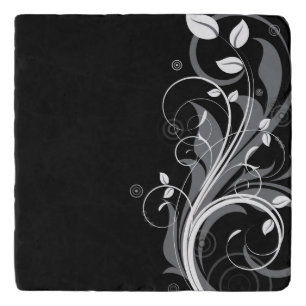 Gray Floral Pattern on Black Trivet