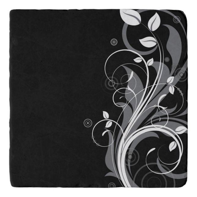 Gray Floral Pattern on Black Trivet (Front)