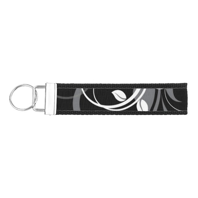 Gray Floral Pattern on Black Wrist Keychain (Keys on Left)