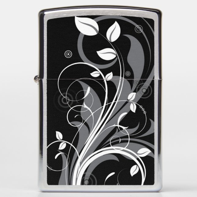 Gray Floral Pattern on Black Zippo Lighter (Front)