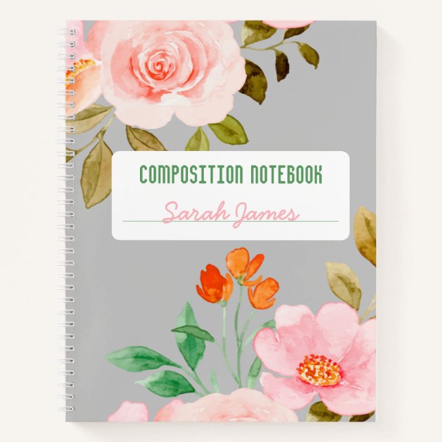 Gray Floral Personalized Composition Journal (Front)