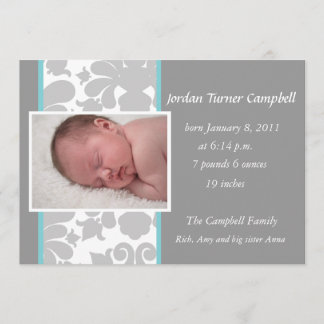 Gray Floral Ribbon Birth Announcement -turquoise