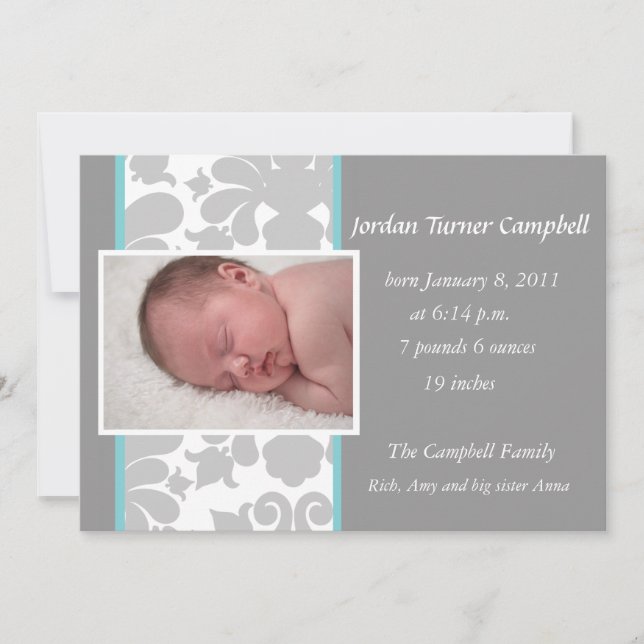 Gray Floral Ribbon Birth Announcement -turquoise (Front)