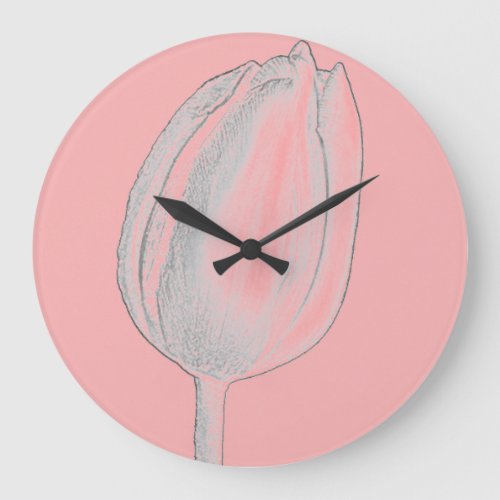 Gray Floral Salmon Pink Orange Tulips Cute Large Clock