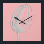 Gray Floral Salmon Pink Orange Tulips Cute Square Wall Clock<br><div class="desc">Printed with cute,  artistic tulip patterns in solid pink background!</div>
