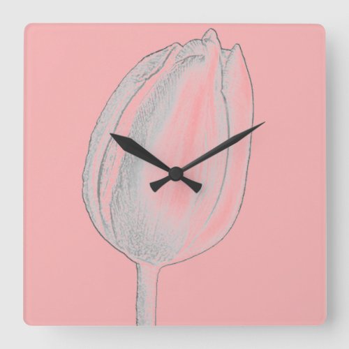 Gray Floral Salmon Pink Orange Tulips Cute Square Wall Clock
