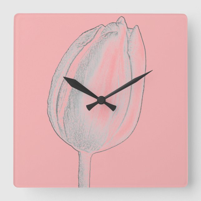 Gray Floral Salmon Pink Orange Tulips Cute Square Wall Clock (Front)