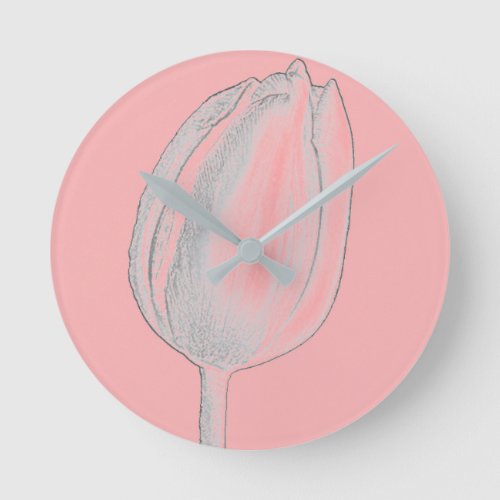 Gray Floral Salmon Pink Orange Tulips Gift Round Clock