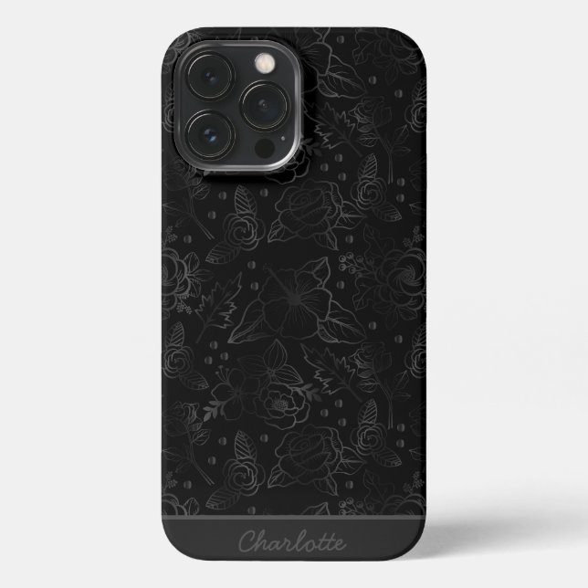 Gray floral seamless pattern personalized name iPhone case (Back)