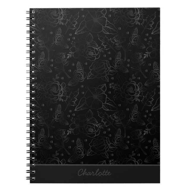 Gray floral seamless pattern personalized name  notebook (Front)