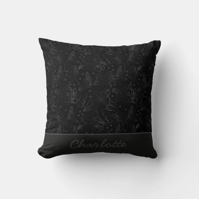 Gray floral seamless pattern personalized name throw pillow (Front)