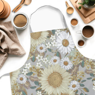 Gray Floral Sunflower Pattern Apron