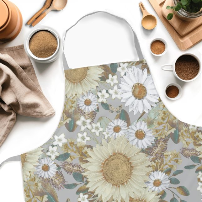 Gray Floral Sunflower Pattern Apron (Get creative in the kitchen with our Country Sunflower Womens apron! )