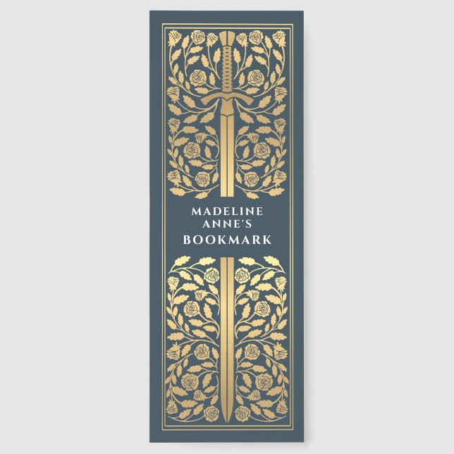 Gray Floral Sword Medieval Fantasy Name Bookmarks (Back)