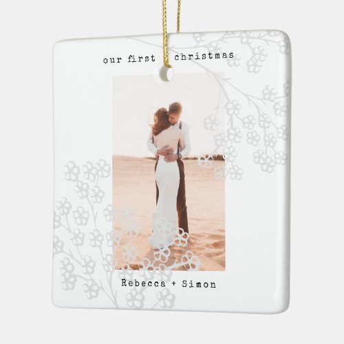 Gray Floral Typewriter  Merry and Married Photo Ceramic Ornament