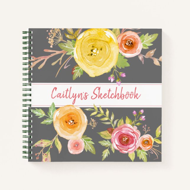 Gray floral watercolor sketchbook script name chic notebook (Front)