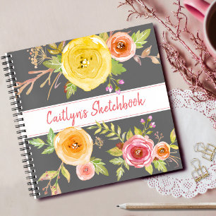 Gray floral watercolor sketchbook script name chic notebook