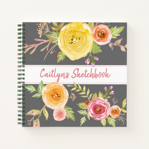 Gray floral watercolor sketchbook typography name notebook