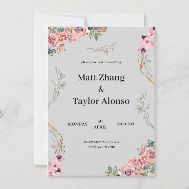 Gray floral wedding invitation (Front)