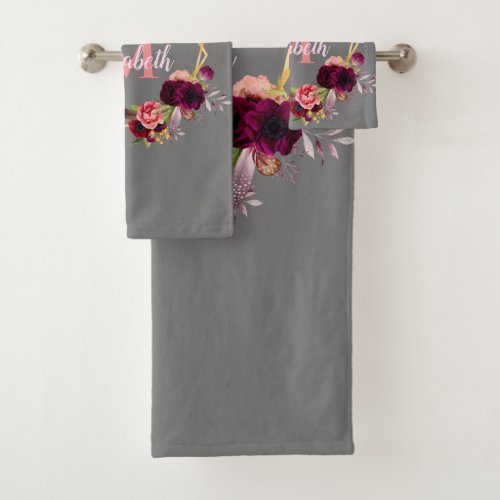 Gray florals geometric burgundy monogram bath towel set