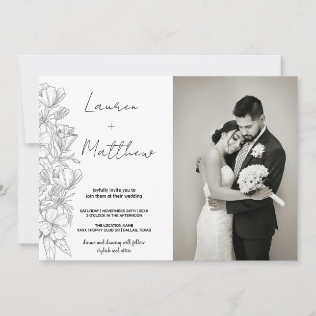 Gray Flower Art Wedding Invitations with photo (Front)