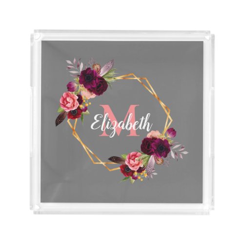 Gray flowers geometric burgundy monogram acrylic tray