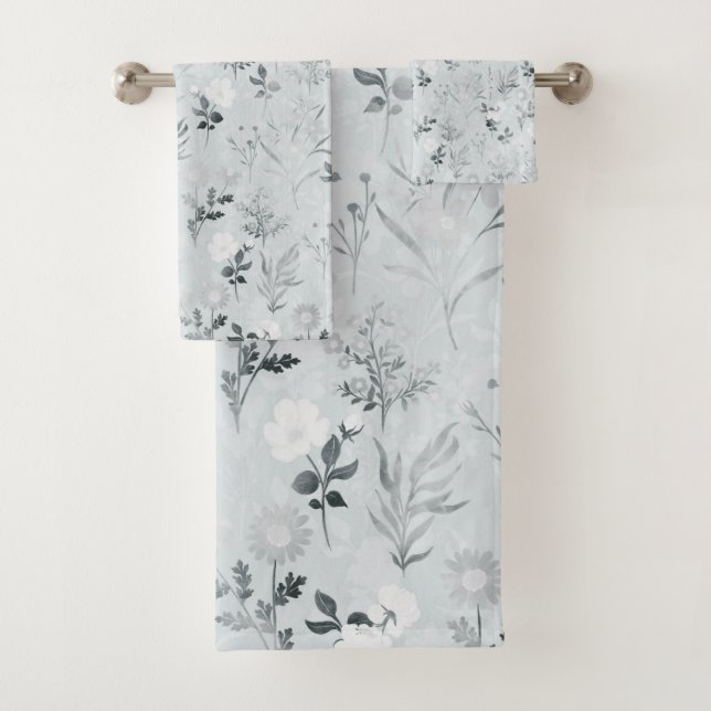 Gray Flowers Painting Botanical Bath Towel Set (Insitu)