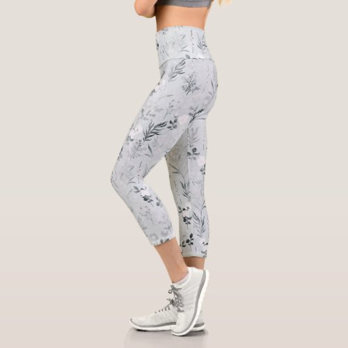 Gray Flowers Painting Botanical Capri Leggings