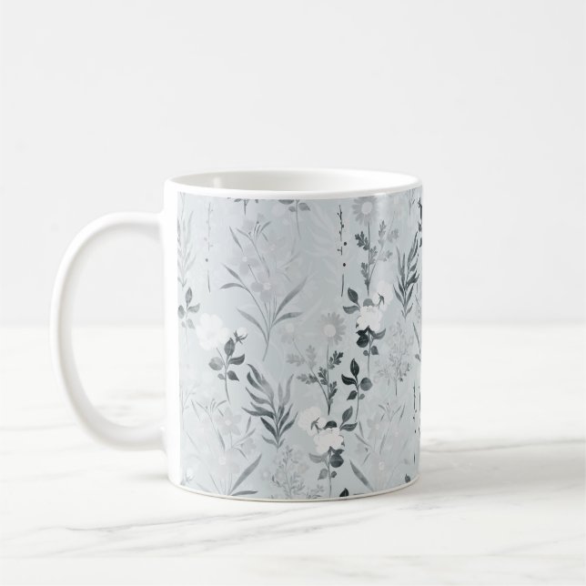 Gray Flowers Painting Botanical Coffee Mug (Left)