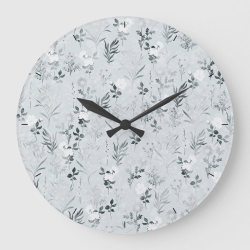 Gray Flowers Painting Botanical Large Clock