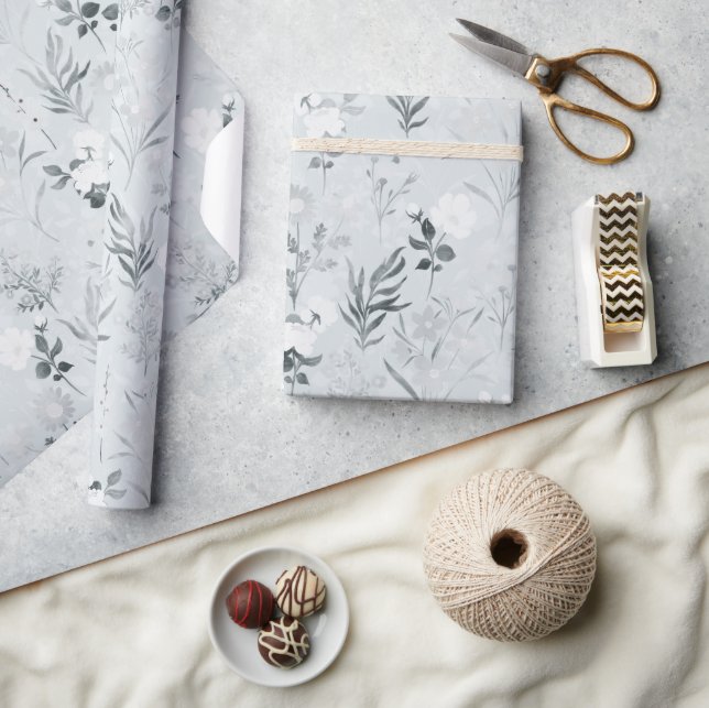 Gray Flowers Painting Botanical Wrapping Paper (Crafts)