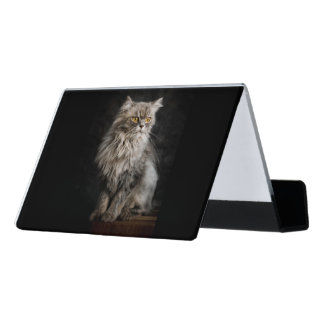 Gray Fluffy Cat Desk Business Card Holder