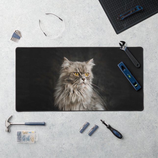 Gray Fluffy Cat  Desk Mat (Workstation)