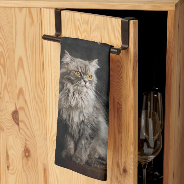 Gray Fluffy Cat  Kitchen Towel (Thirds Fold)