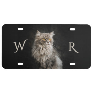 Gray Fluffy Cat Monogram License Plate