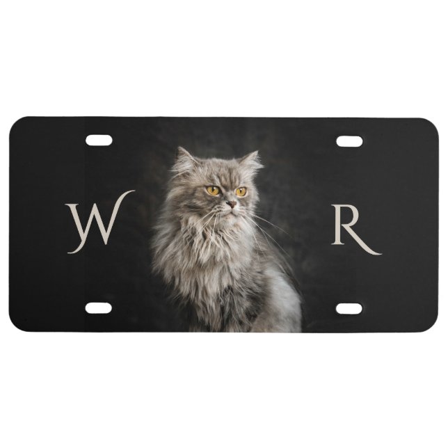 Gray Fluffy Cat Monogram License Plate (Front)