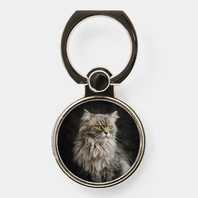 Gray Fluffy Cat  Phone Ring Stand (Front)