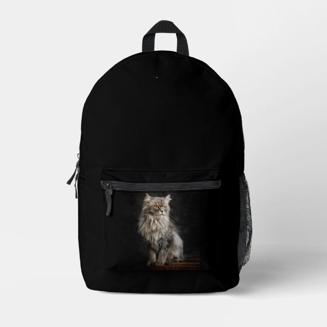 Gray Fluffy Cat  Printed Backpack (Front)