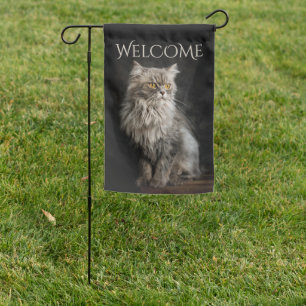 Gray Fluffy Cat Welcome Garden Flag