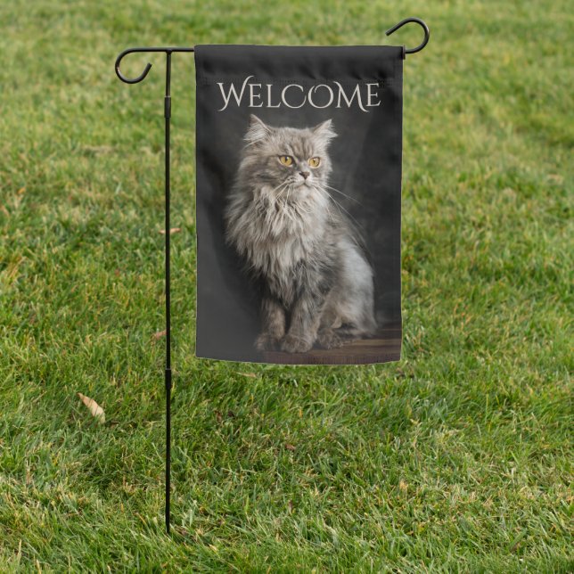 Gray Fluffy Cat Welcome Garden Flag (In SItu)