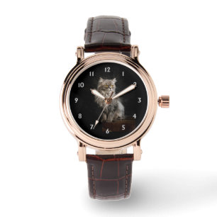 Gray Fluffy Cat White Numbers Watch