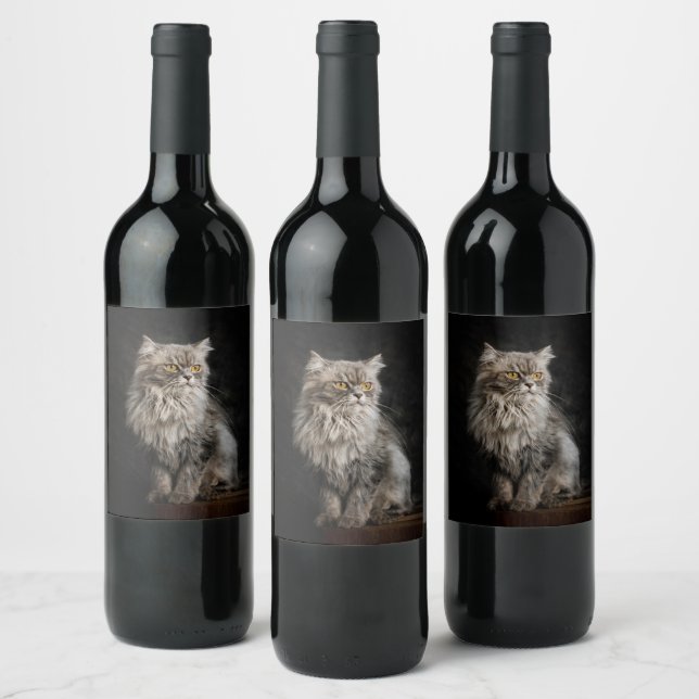 Gray Fluffy Cat  Wine Label (Bottles)