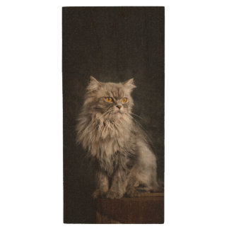 Gray Fluffy Cat Wood Flash Drive