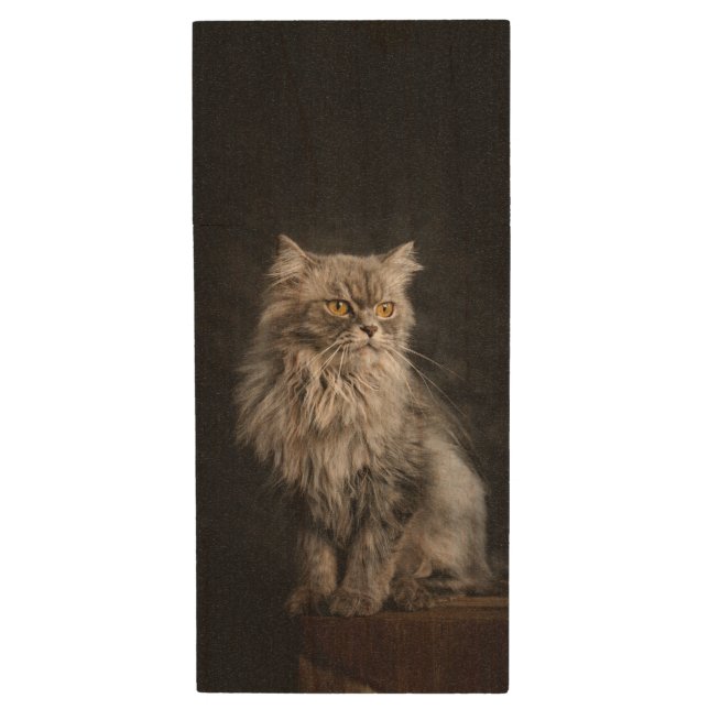 Gray Fluffy Cat  Wood Flash Drive (Front Vertical)