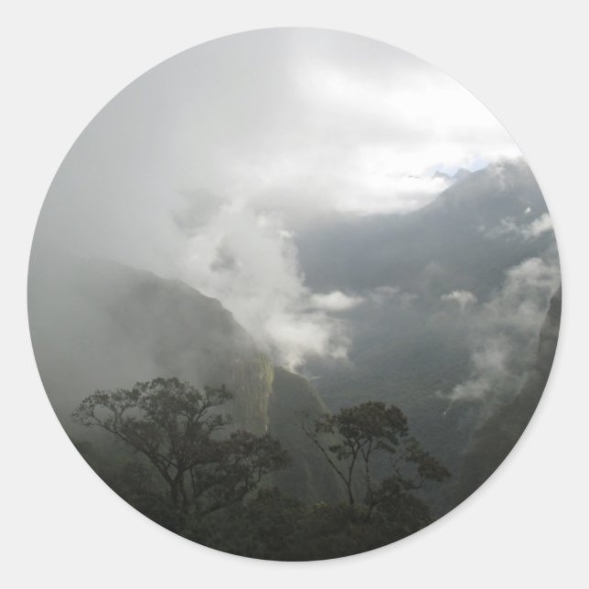 Gray Foggy Clouds above the Mountains Classic Round Sticker (Front)