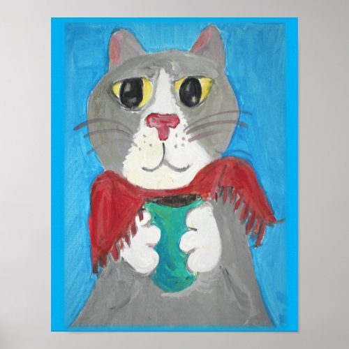 Gray Folk Art Cat With Coffee Painting Poster