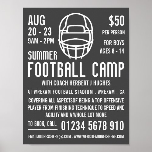 Gray Football Helmet Football Camp Advertising Poster